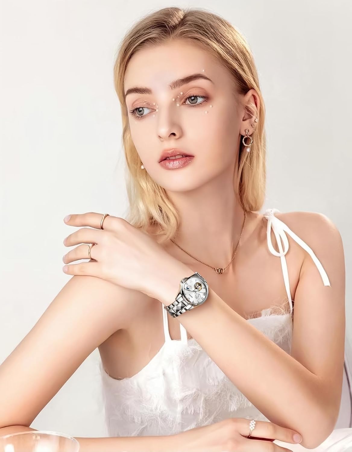 OUPINKE Women Automatic Watches Luxury Diamond Flywheel Two-Tone Stainless Tungsten Steel Band Moon Phase 24 Hours - Image 2