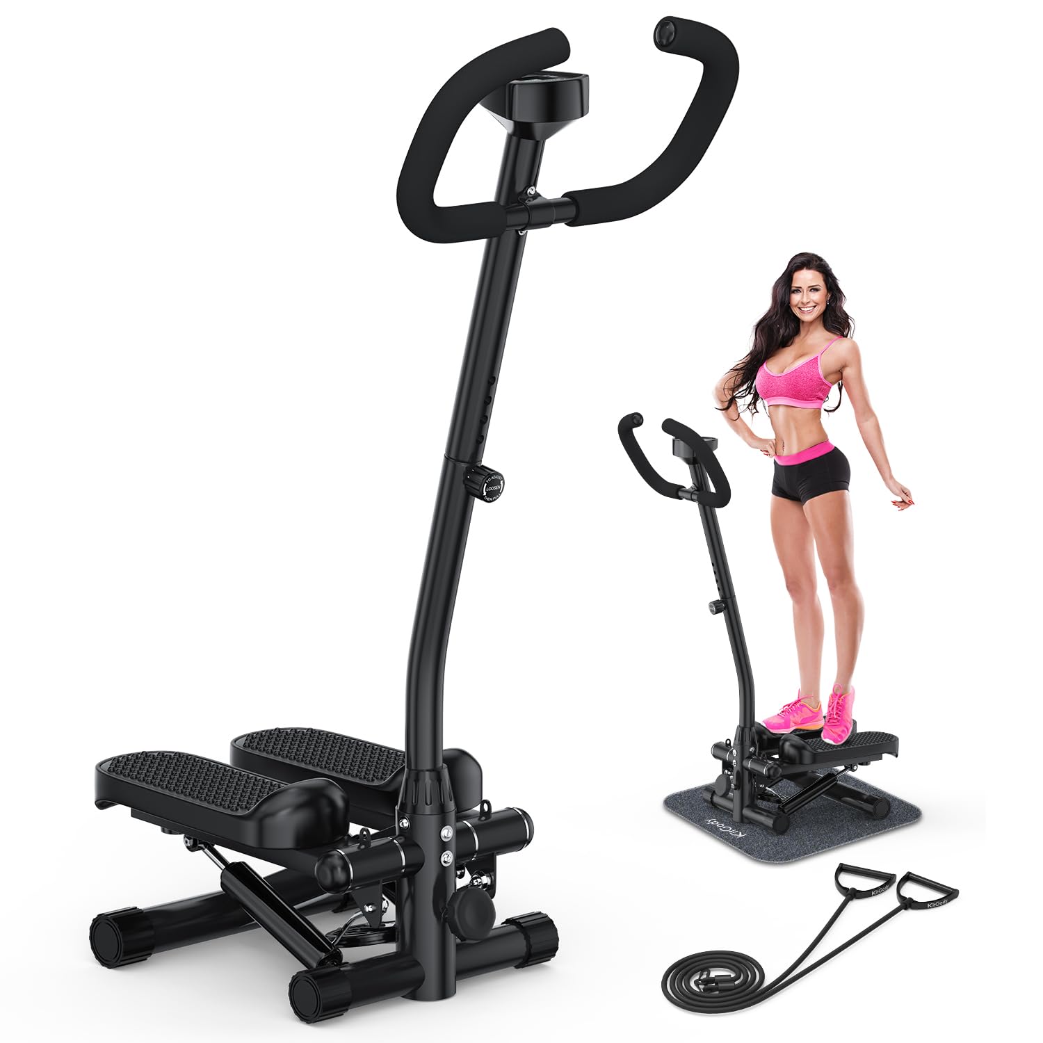Mini Stepper with Handlebar, Steppers for Exercise at Home with Resistance Bands, Adjustable Height Stair Stepper 330 lb Capacity, Workout Stepper Machine