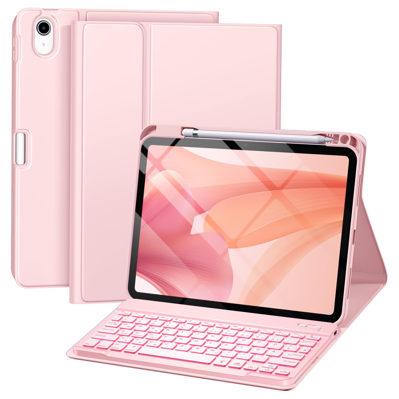 drivego Hülle mit Tastatur für iPad 11 Generation A16/10 Generation (11/10.9 Zoll, 2025/2022), 7-farbige Beleuchtung Magnetische Tastatur für iPad 11./10. Gen Hülle mit Stifthalter, Hellrosa