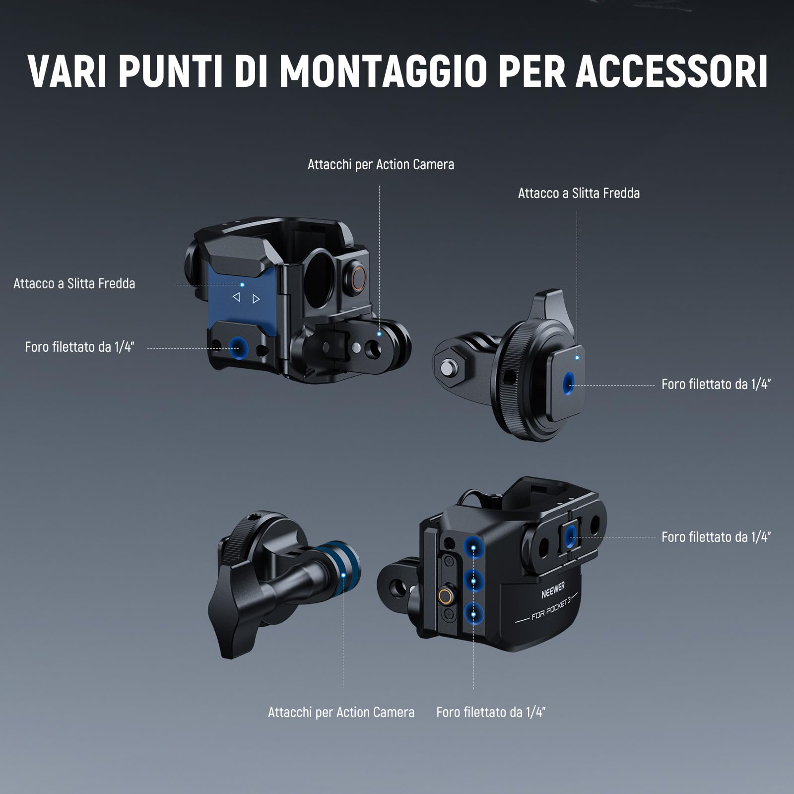 NEEWER Pocket 3 Cage Compatibile con DJI Osmo Pocket 3 e Creator Combo Accessori, Rig di Estensione per Riprese Video Gimbal con Adattatore Action Cam, Filettatura 1/4", ColdShoe, Panno Pulizia, AC009