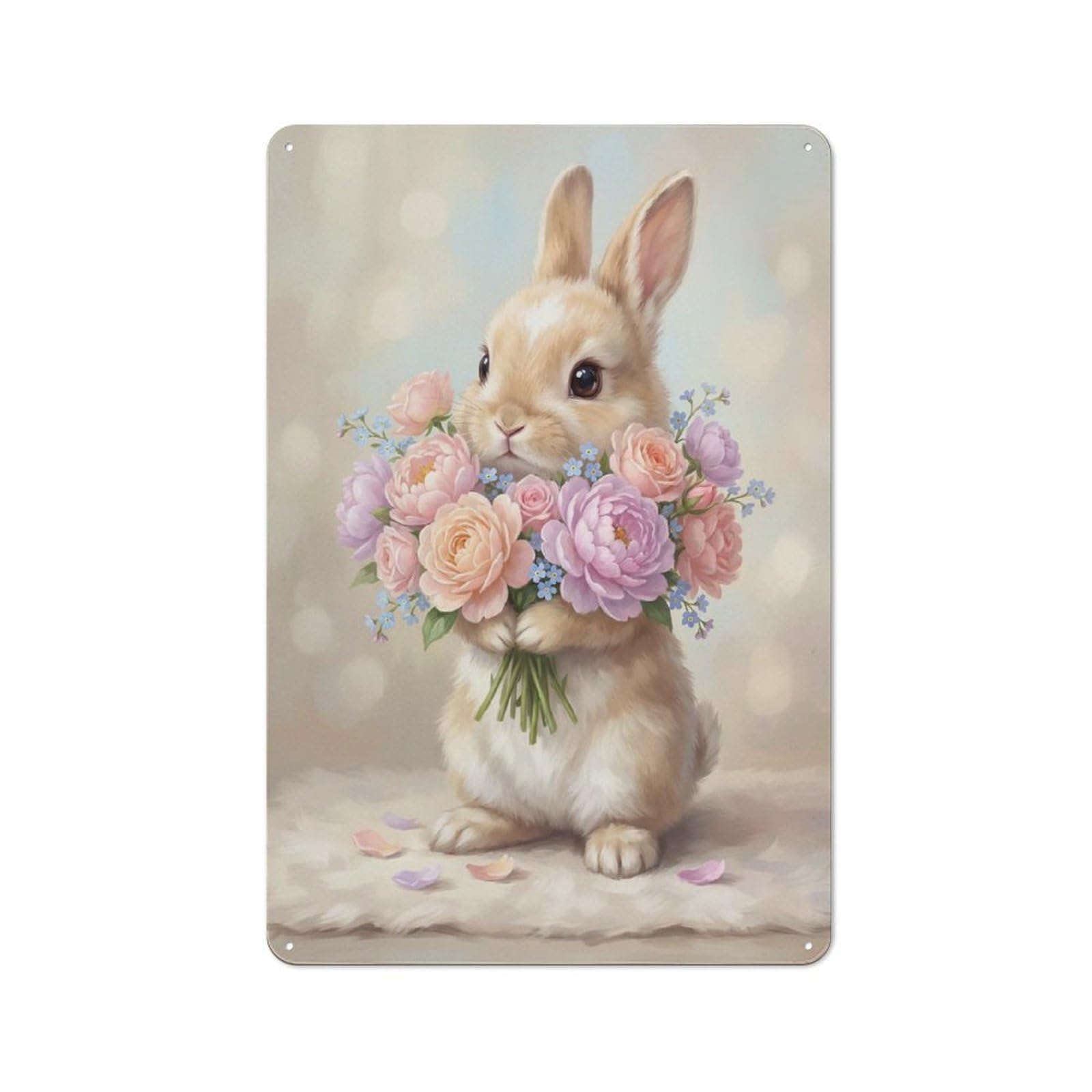 Junmoney Style-18 For Hobby Room Or Studio, Cute Bunny With Flowers Rustic Tin Wall Plaque 30X20cm, For Vintage Wall Decor Fans, For Metal Sign Collectors