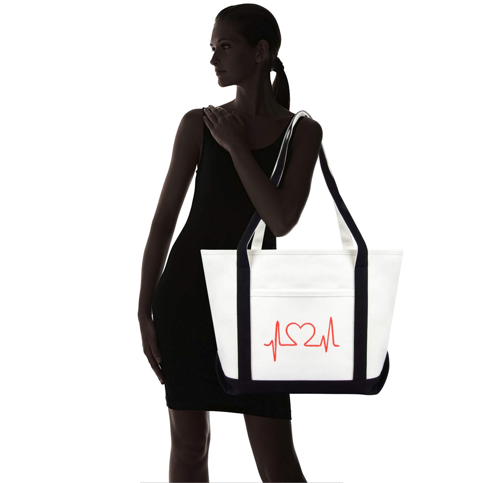 DALIX Heartbeat Embroidered Premium Cotton Canvas RN Nurse Tote Bag in Black