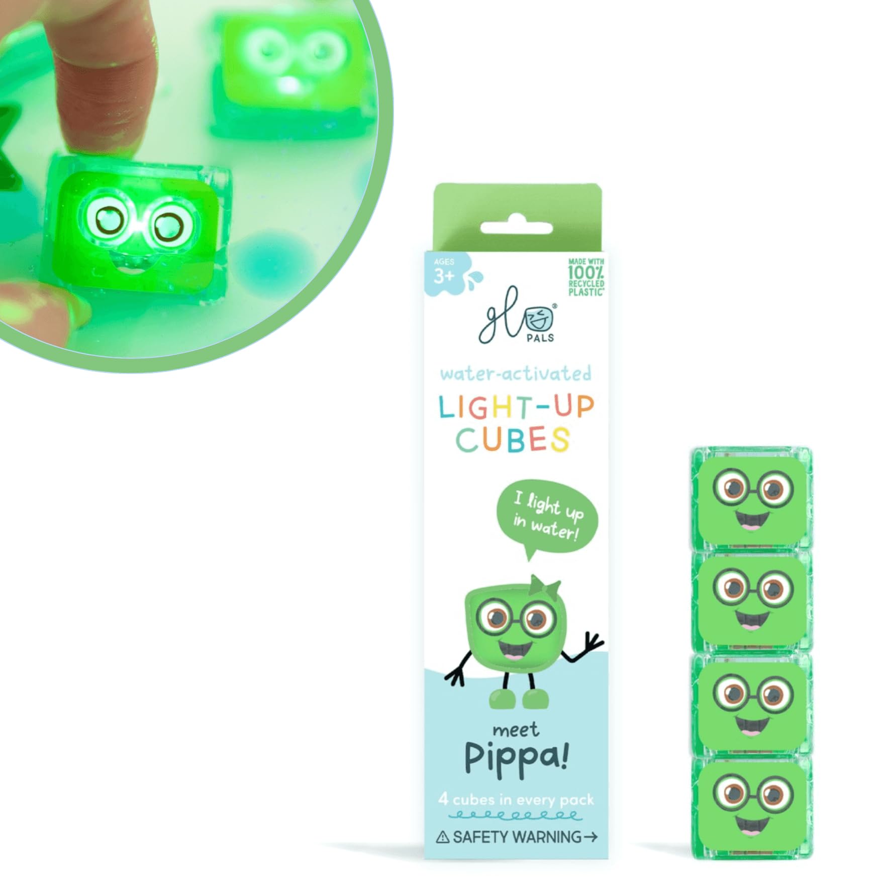 Glo Pals Bath Toys Water-Activated Light-Up Cubes - Sensory Toys for Girls & Boys (Pack of 4) (Green)