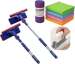 Rodo Mágico 2 em 1 Limpa Vidros e Janelas com Esponja para Canto Cabo Extensível kit completo 5 panos microfibras e rodo
