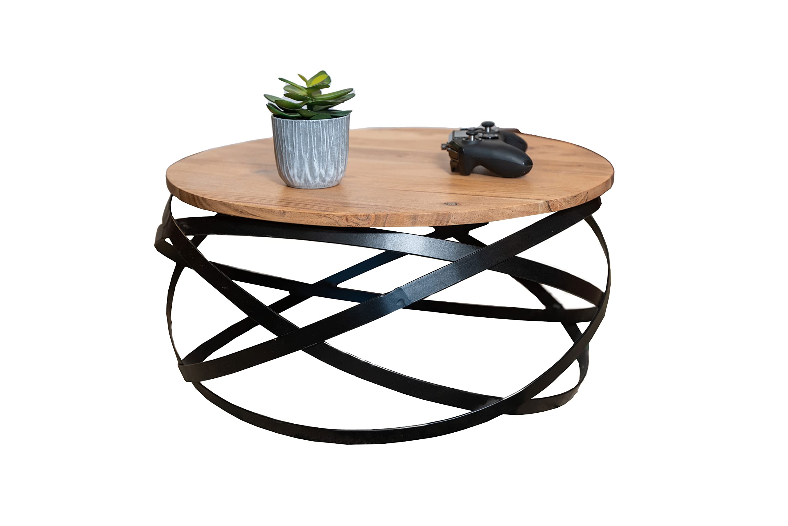 SAM Couchtisch Allison, Akazienholz massiv + naturfarben, 60x60x30 cm | runder Sofatisch mit schwarzem Metallgestell, Industrial-Design