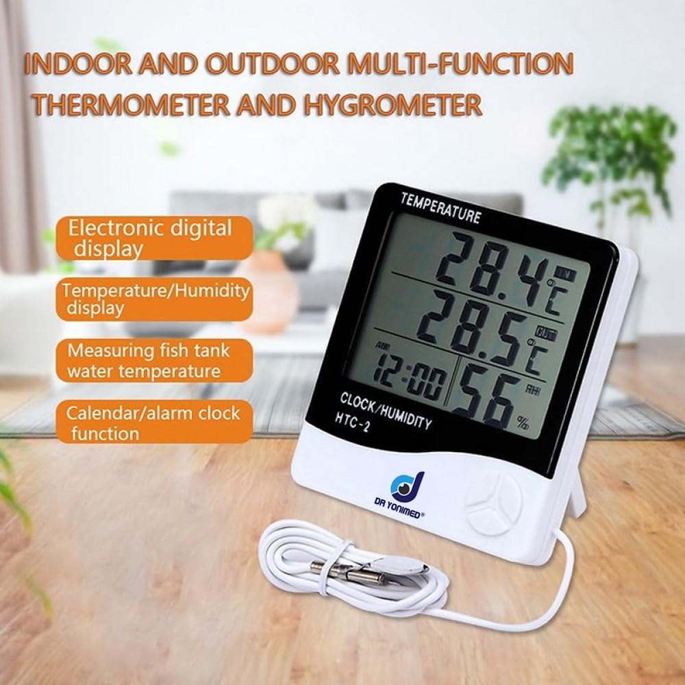 Digital Temperature Humidity Monitor HTC-2, Indoor Outdoor Thermometer with Clock, LCD Display with External Probe 3