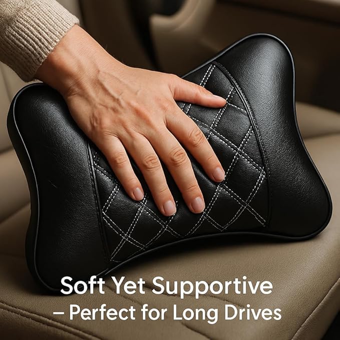 Image of Leather Car Neck Pillow for Travel, Travel Micro Fiber Rest Pillow /Cushion Set of Pillows Compatible with All Cars - Pack of 2 Pieces (White Black)