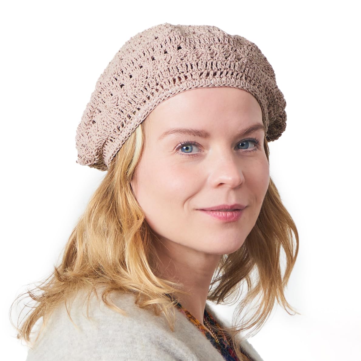 CHARM Womens Mens French Beret Hat - Summer Hand Knitted Ladies Hats 100% Cotton Beanie Berets Crochet Caps Pink Beige