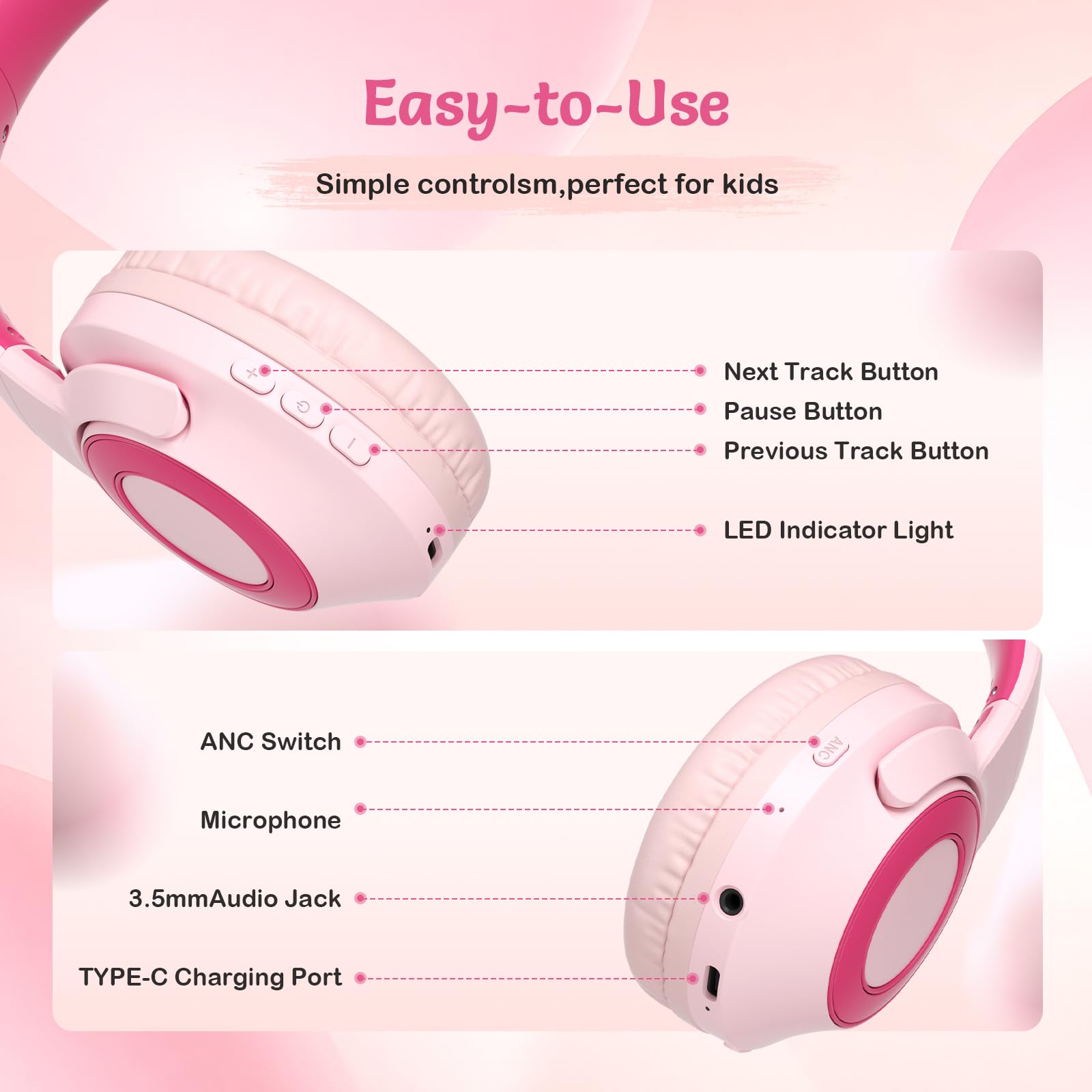 TONOSHARK Słuchawki Dla Dzieci Bluetooth, Lekkie, Redukcją Szumów, Bezprzewodowe Słuchawki Dla Dzieci, Czas Odtwarzania 60 H, Z Mikrofonem, Składane - Do Szkoły/Podróży, W Zestawie Etui (Różowy)