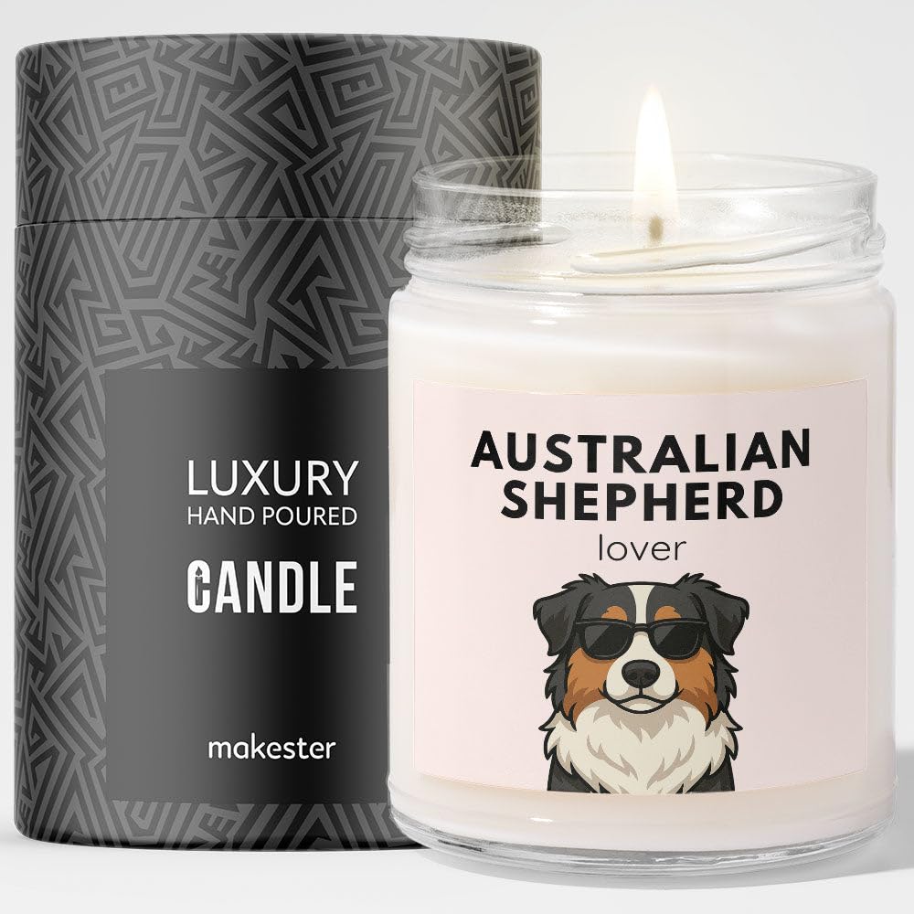 Australian Shepherd Gifts - Luxury Soy Wax Candle - Vanilla, Jasmine, Sugared Almond - Dogs in Shades - Makester