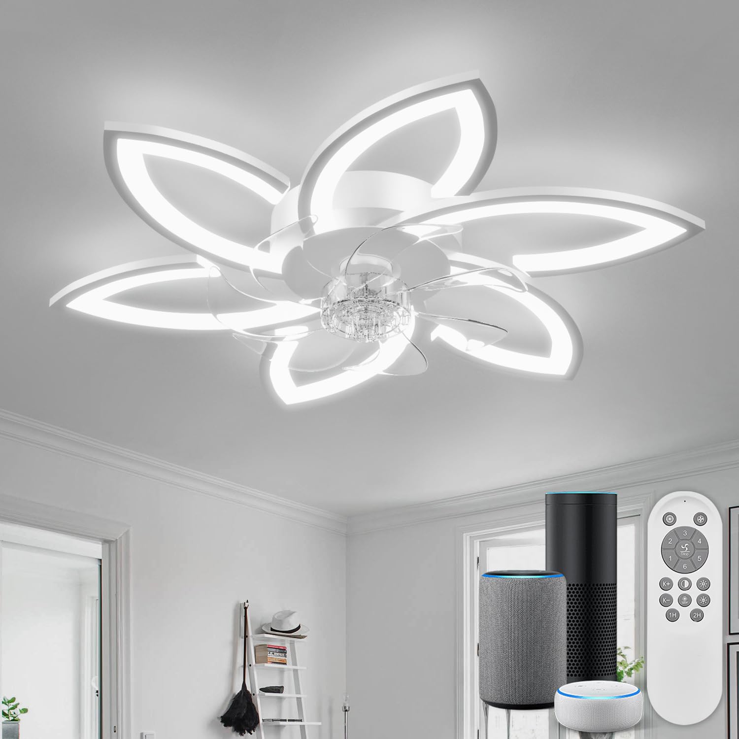 Smart Ceiling Lamp with Fan and Remote Control and Alexa Control, No WiFi Required, Ceiling Fan with Quiet Light, Modern Floral Design, for Bedroom, Living Room, White