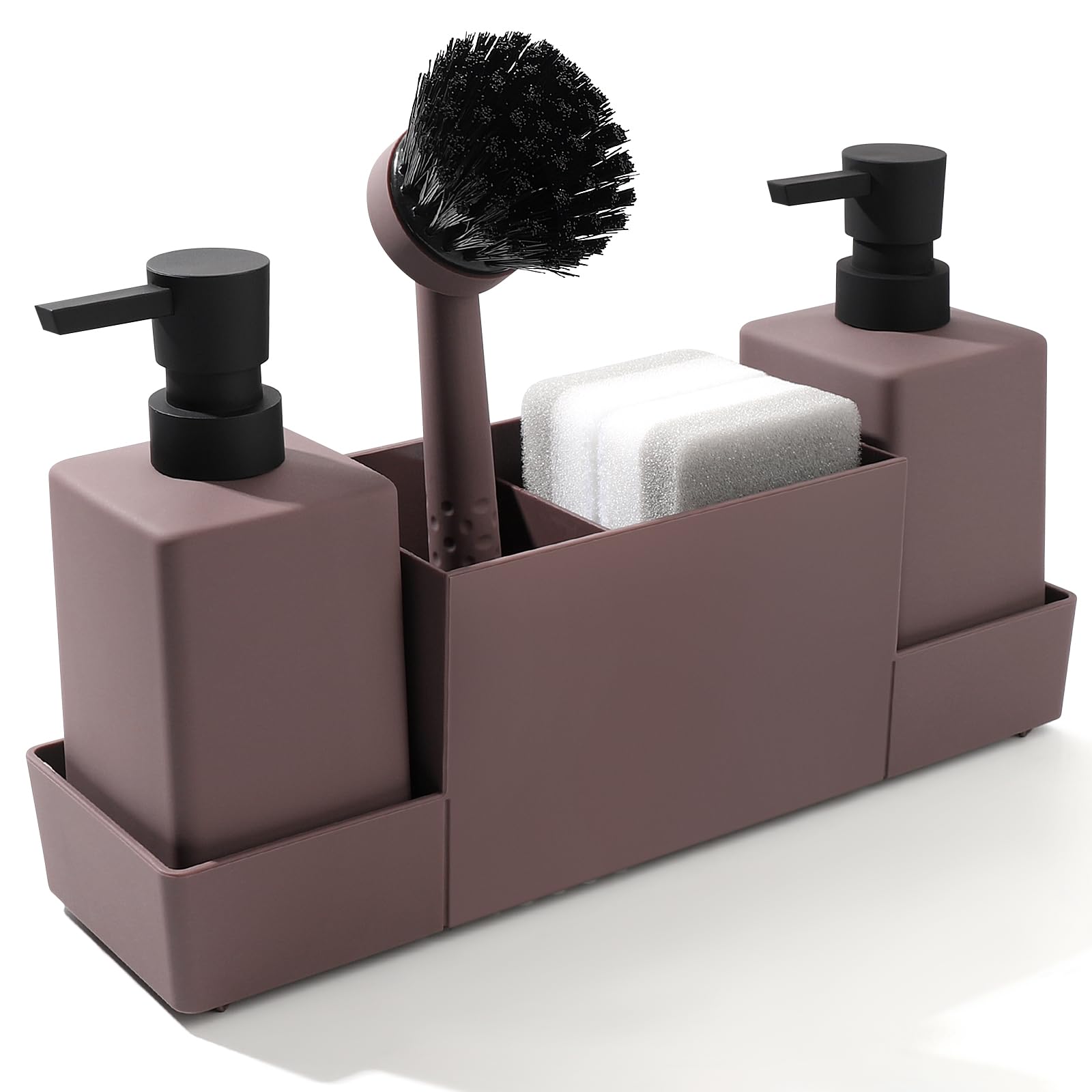 Kitchen Soap Dispenser with Sponge Holder Set for Sink Caddy, Hand Soap and Dish Soap Dispenser with Brush Matte Brown