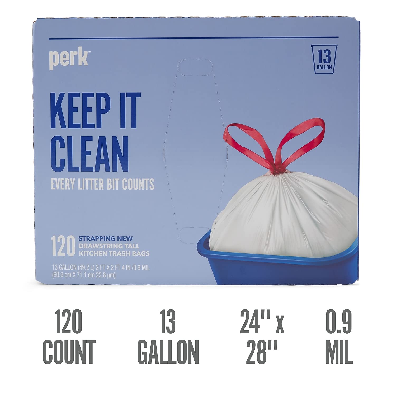 Perk Pk56750 13 Gallon Kitchen Trash Bag, Low Density 0.9 Mil, White