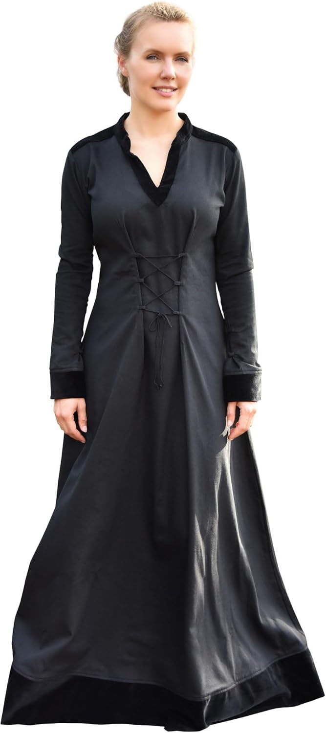 Battle-Merchant Meira Medieval Lace-Up Dress for Women Cotton Gown with Velvet Trim, Renaissance Faire, LARP & Gothic Costume