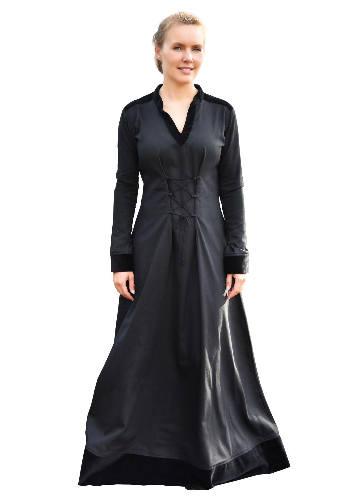Battle-Merchant Meira Medieval Lace-Up Dress for Women Cotton Gown with Velvet Trim, Renaissance Faire, LARP & Gothic Costume