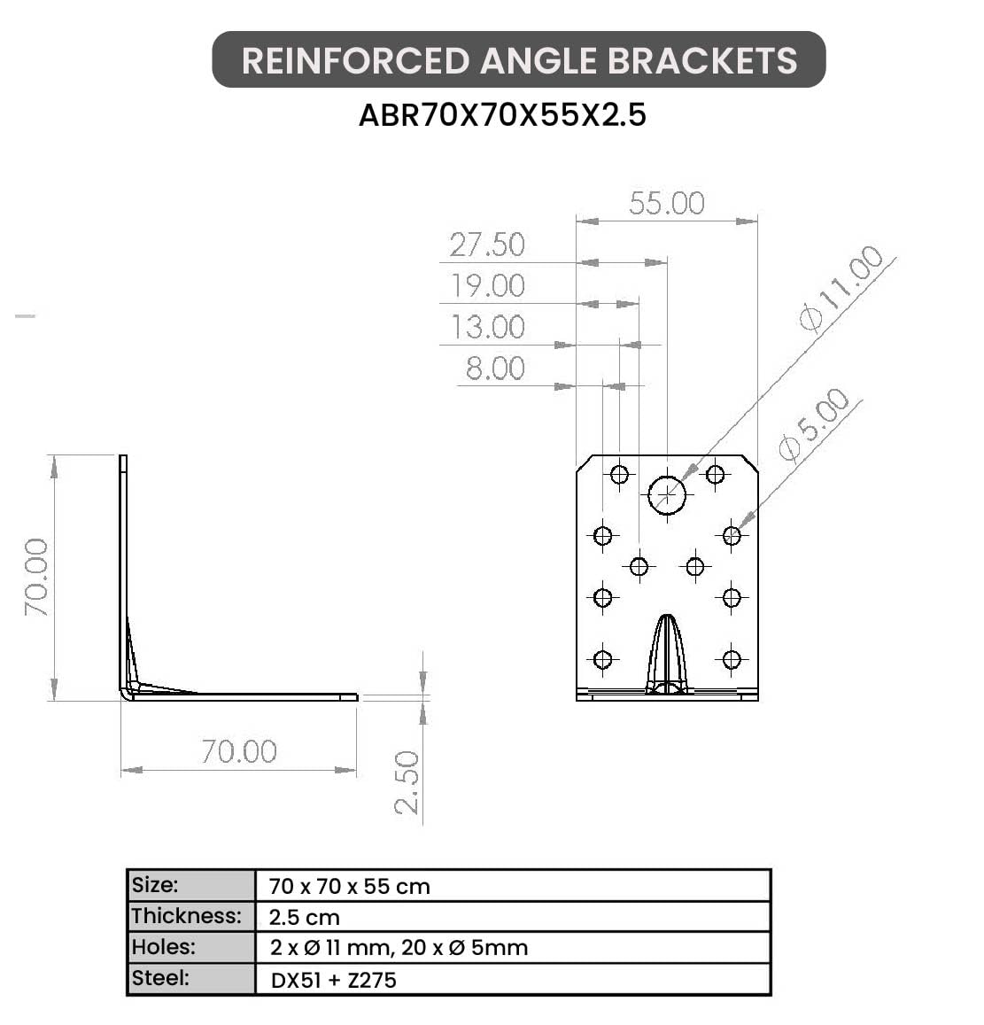 12 x Squadretta di Giunzione Angolare ( 70 x 70 x 55 x 2.5 ) Squadretta Rinforzata Zincate