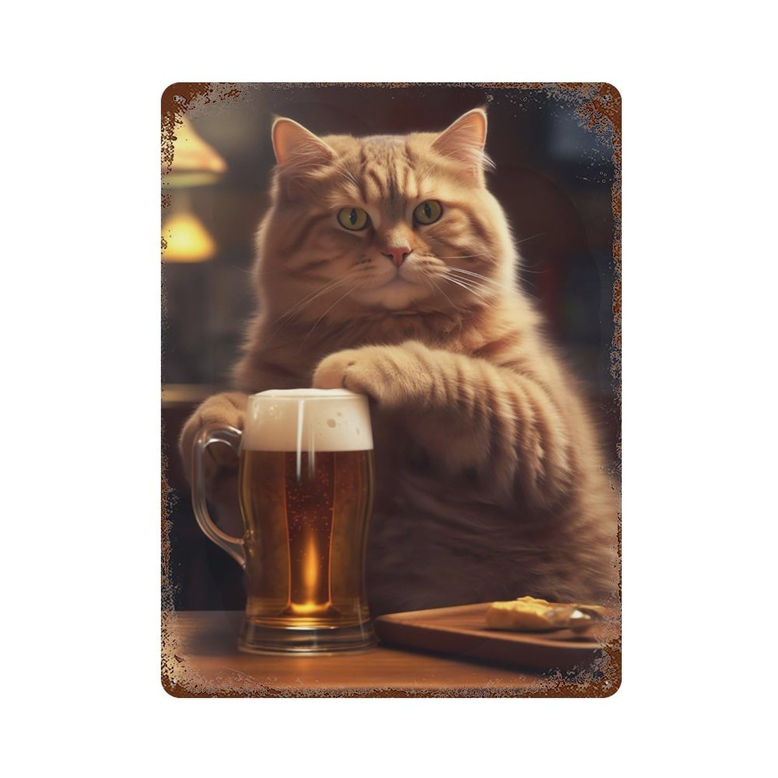 Rust Effect Cat Beer Pub Drink Weathered Tin Sign 15.7"x11.8", Classic Wall Plaque for Living Room, Hallway And Home Decor