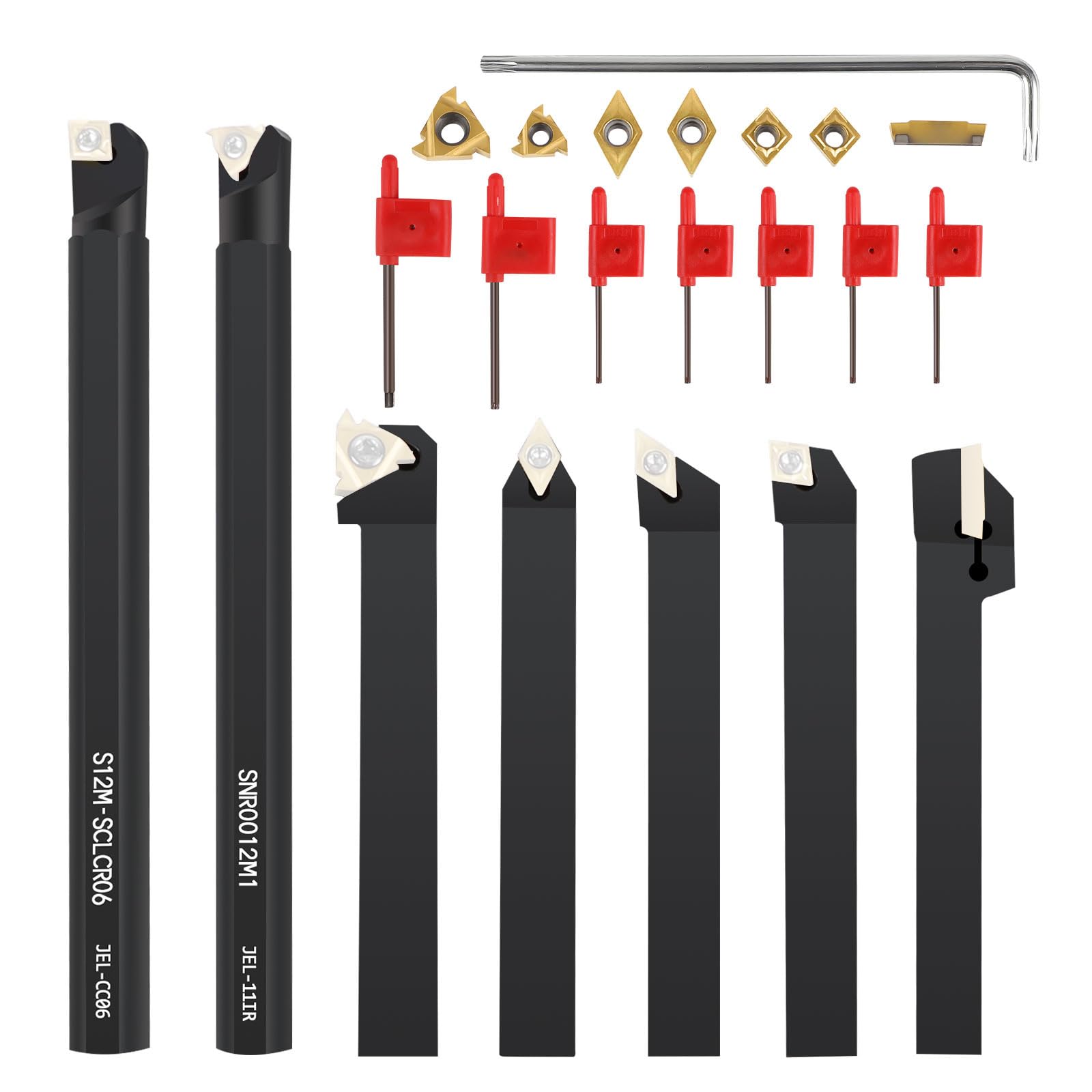 SWAWIS 21 Stück 12mm Drehmeißel Set, Bohrstange Drehwerkzeughalter mit Legierung-Wendeschneidplatten, Drehbank Drehstahl für Trennschleifen Finishen der Werkstückoberfläche
