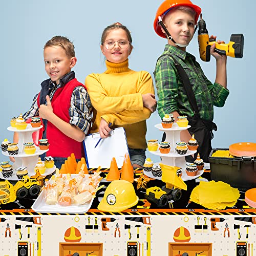 Image of 3 Packs Tool Theme Plastic Tablecloths Decoration Waterproof Rectangle Cute Tool TableCover Design with Hard Hat, Nuts, Bolts, Ladders, Spade Patterns for Kids Boys Birthday Party Supplies