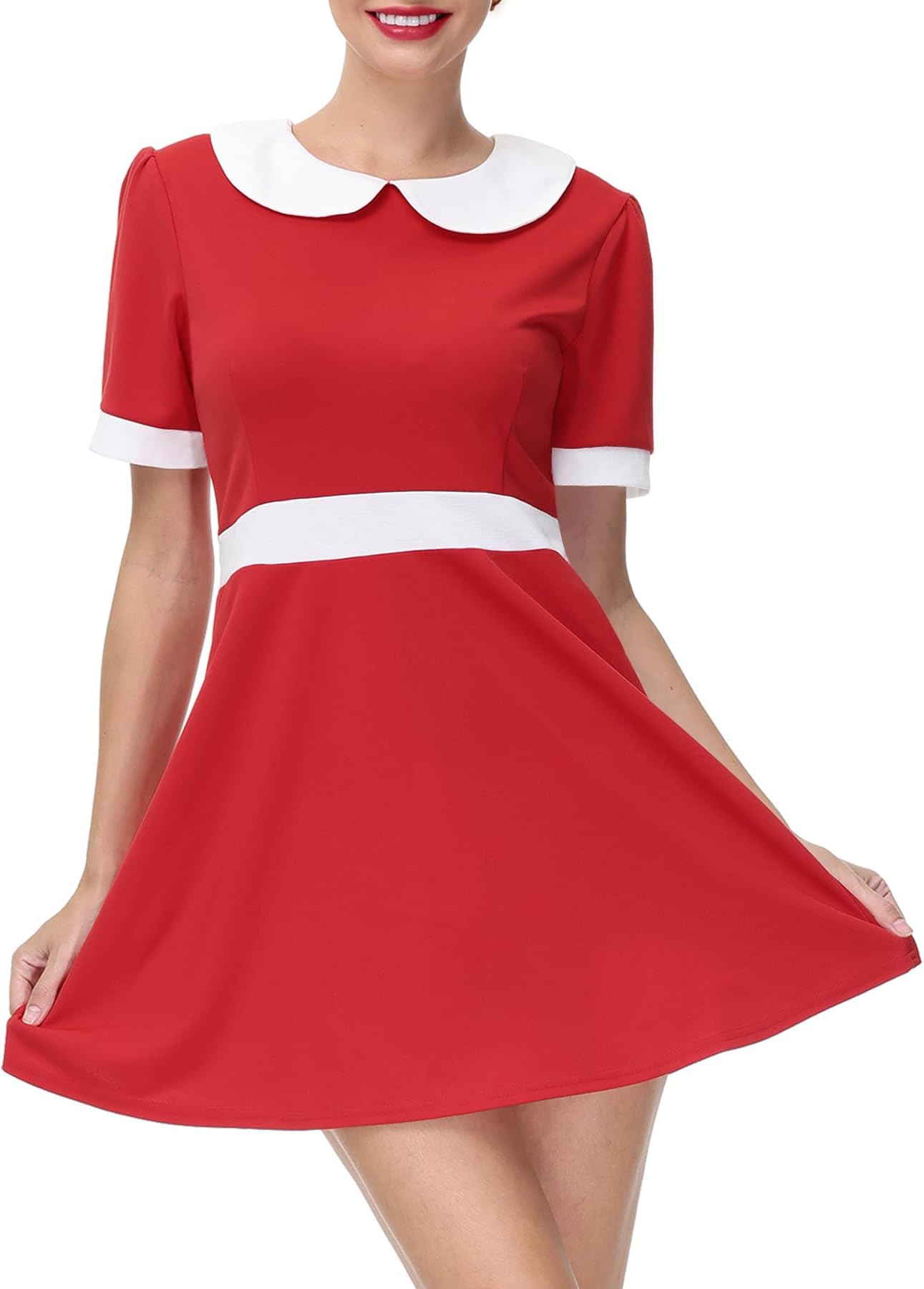 Spadehill Women Halloween Doll Short Sleeve Holiday Dress Veruce Salt Anie Peter Pan Collar Vintage Party Cosplay Costume Red M