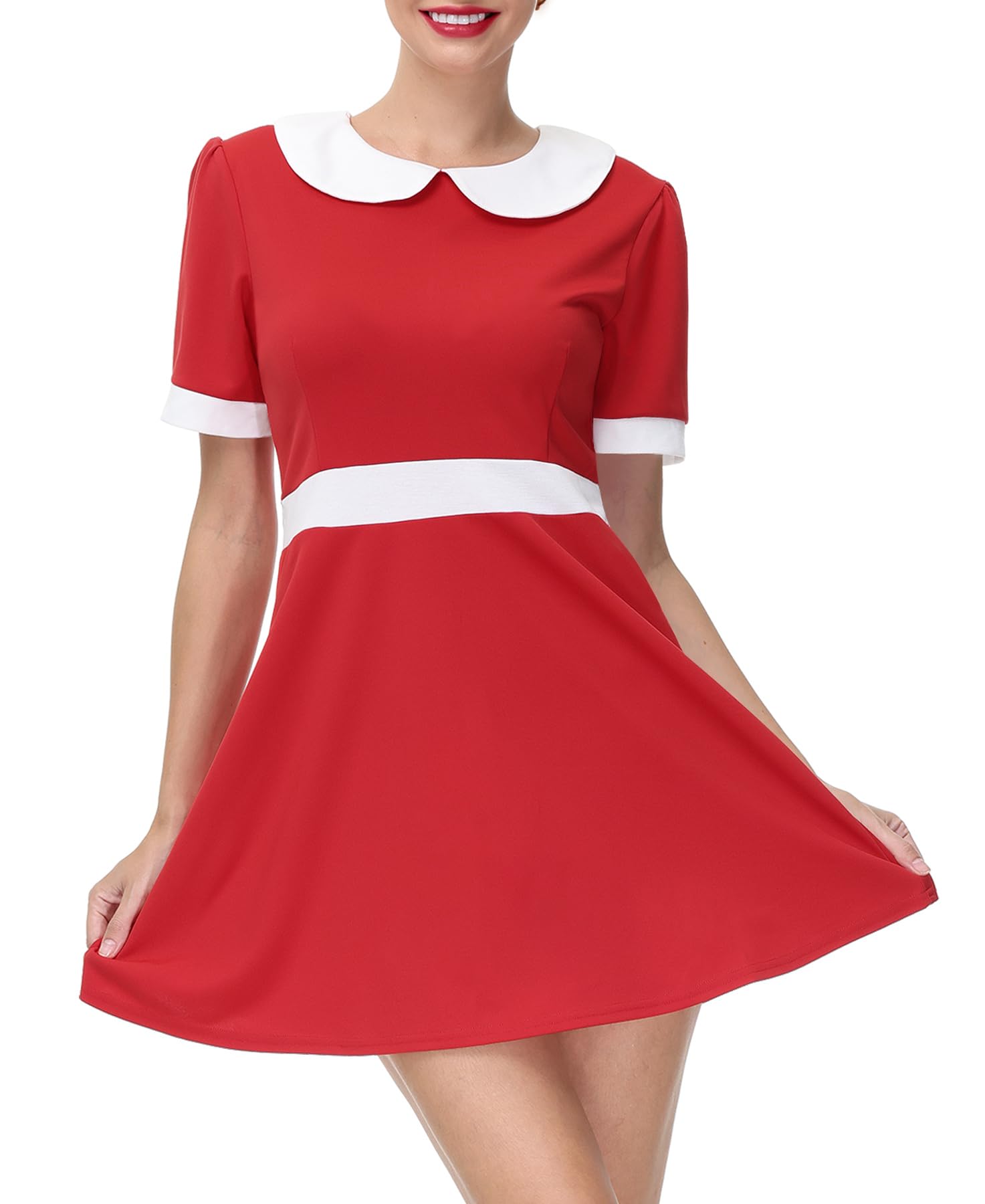 Spadehill Women Halloween Doll Short Sleeve Holiday Dress Veruce Salt Anie Peter Pan Collar Vintage Party Cosplay Costume Red M