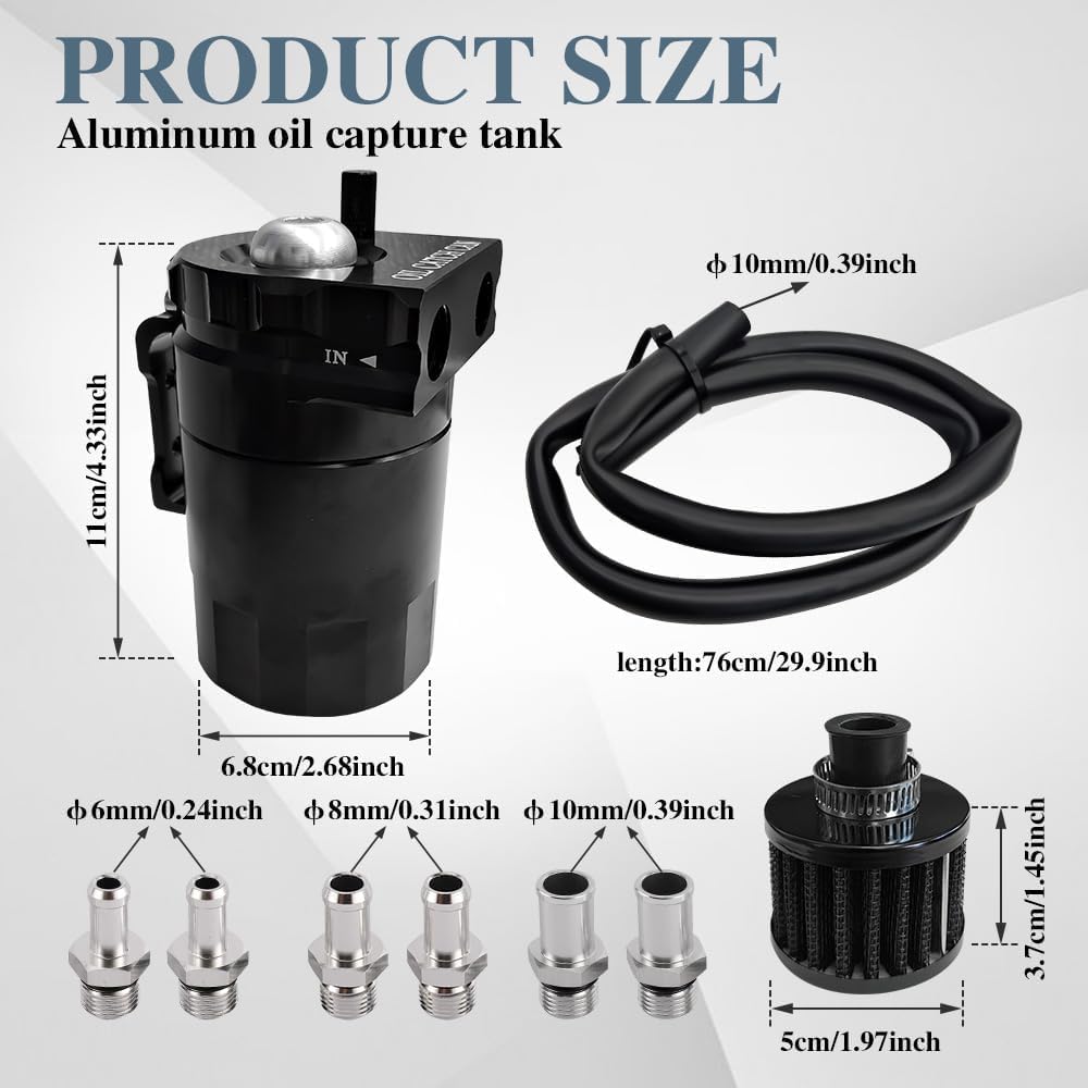 Flaconi Decanter Vapori Olio per Auto, Universale Oil Catch Can, 300ml Alluminio Recupero Vapori Olio Motore, con Filtro dell'aria, tubo flessibile, Dadi, e Altri Accessori, per Una Varietà di Veicoli