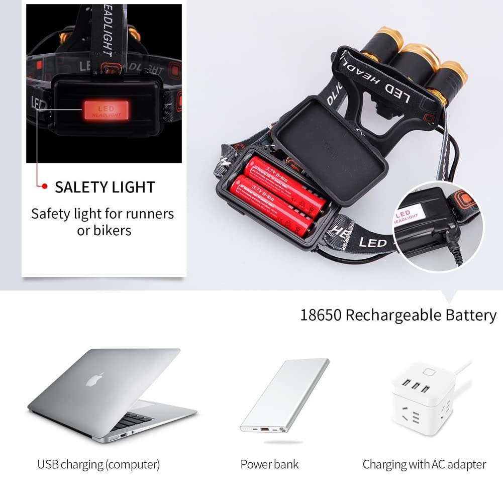 Lampe frontale étanche rechargeable, super lumineuse 9000 lumens avec capteur zoomable et mise au point réglable, lampe frontale LED pour camping, pêche, randonnée, chasse, course à pied, marche,
