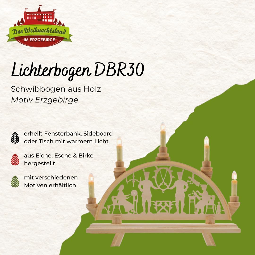Lichterbogen DBR30 – Schwibbogen aus Holz – Erzgebirge | 37 x 31 x 5 cm – Leuchtbogen mit 5 Kerzen – Original Erzgebirge Fensterbogen – handgemachte Weihnachtsdeko
