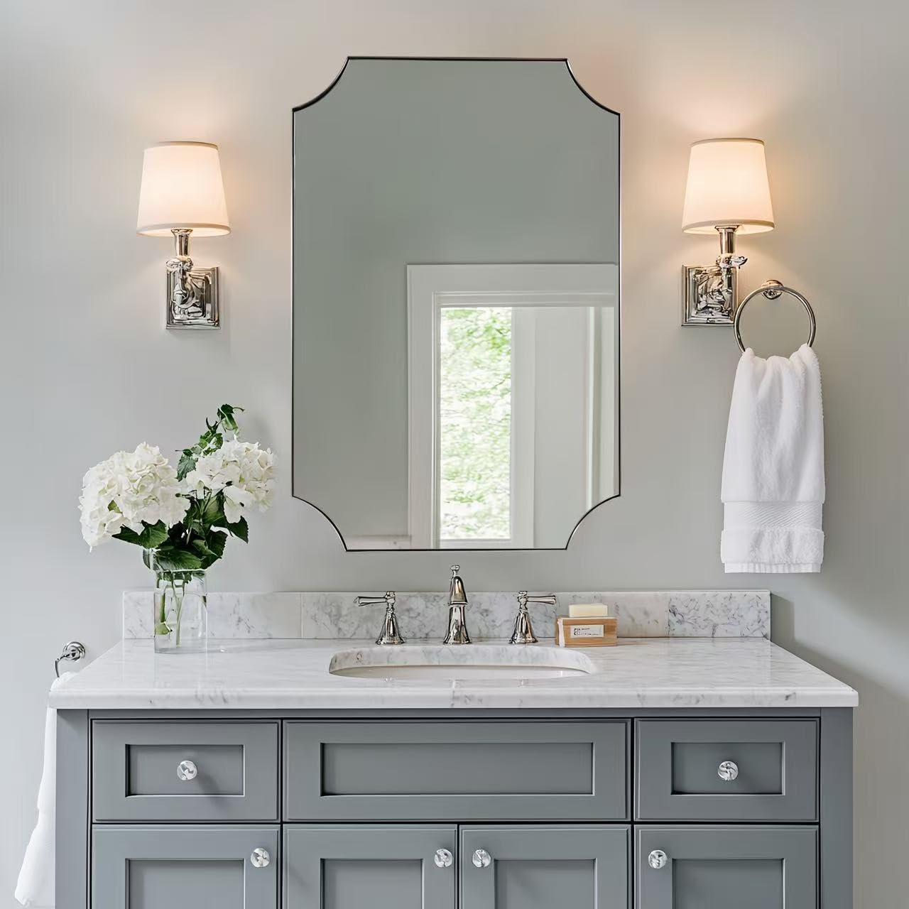 ANDY STAR Brushed Nickel Mirror 24x36 Inch, Scalloped Bathroom Mirror, Silver Vanity Mirror in Anti-Rust Stainless Steel Metal Thin Frame Deep 1’’, Wall-Mounted Mirror (Horizontal/Vertical)