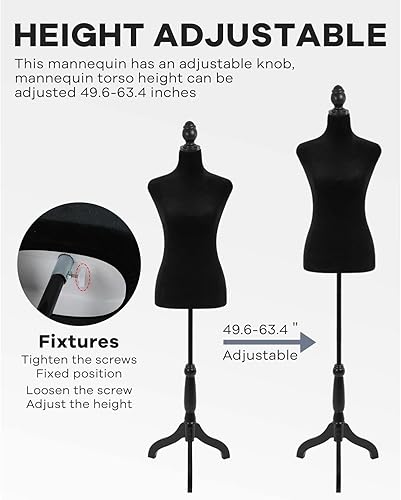 Miniatura 7 de Cuerpo de maniquí, maniquí de torso, maniquí, soporte de maniquí, forma de 49.6-63.4 pulgadas, altura ajustable, cuerpo femenino, pantallas