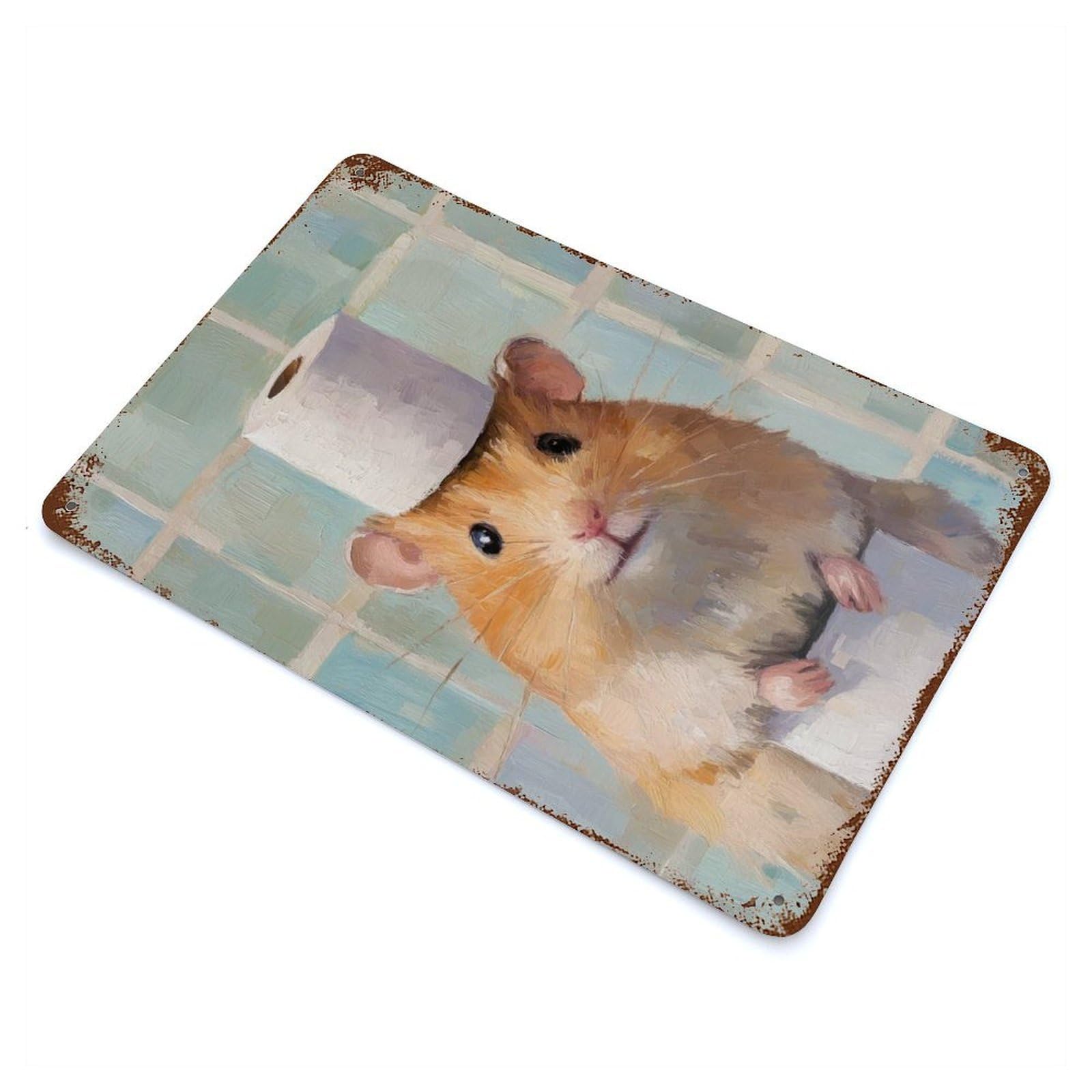 Hamster with Toilet Paper Hat Vintage Wall Sign 11.8"x7.9", Rust Effect Metal Decor for Living Room, Hallway And Home Decor