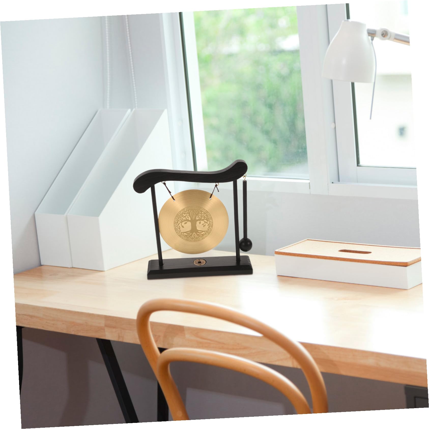 VILLCASE Gong de Escritorio de Cobre con Soporte y Adorno Decorativo Feng Shui para Hogar y Oficina Artesanía con Símbolos Auspiciosos y Sonido Relajante
