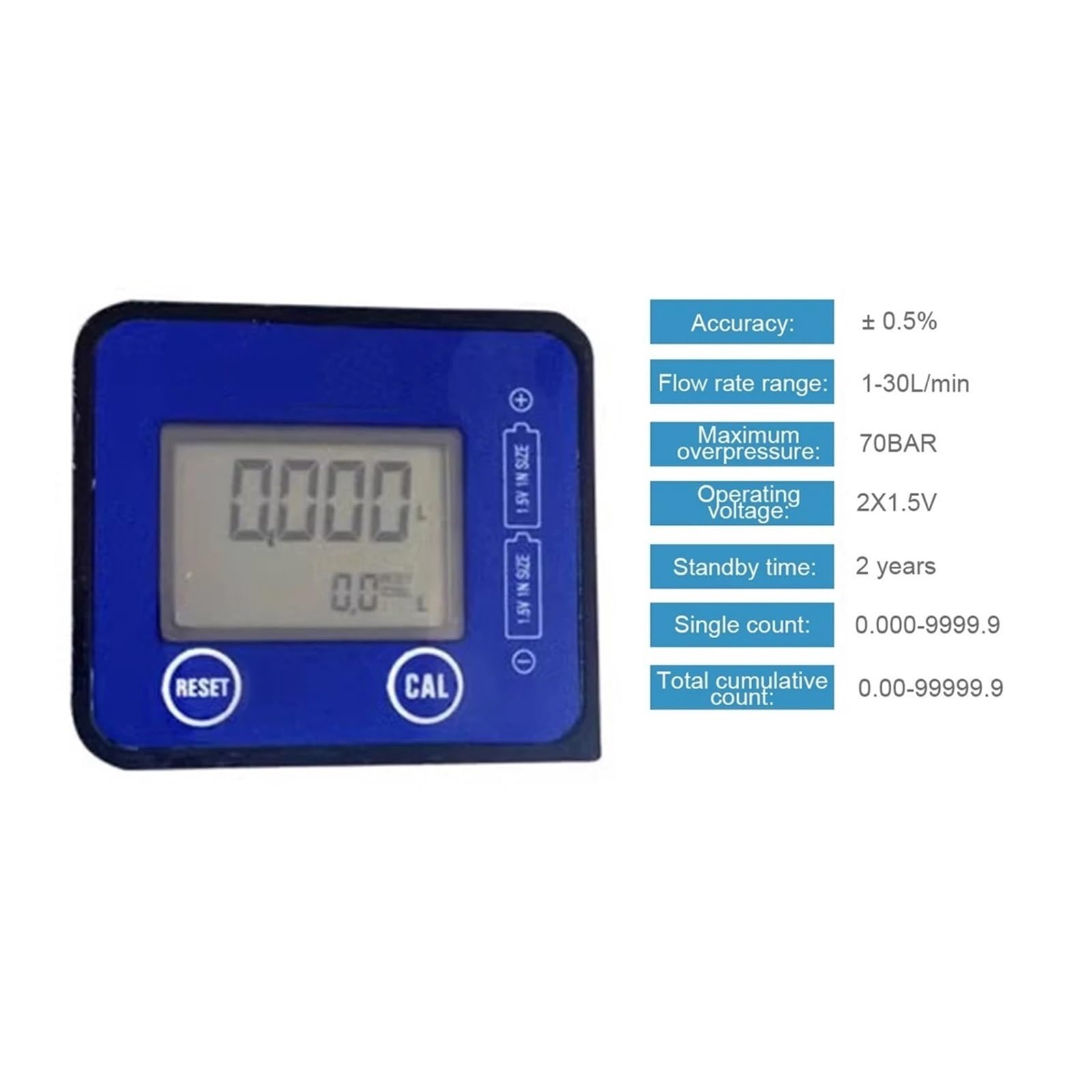 Pressímetro, presión digital Medidor de flujo LCD for gasolina, queroseno, agua combustible, precisión de ±0,5%, 1-30l/min, azul y negro