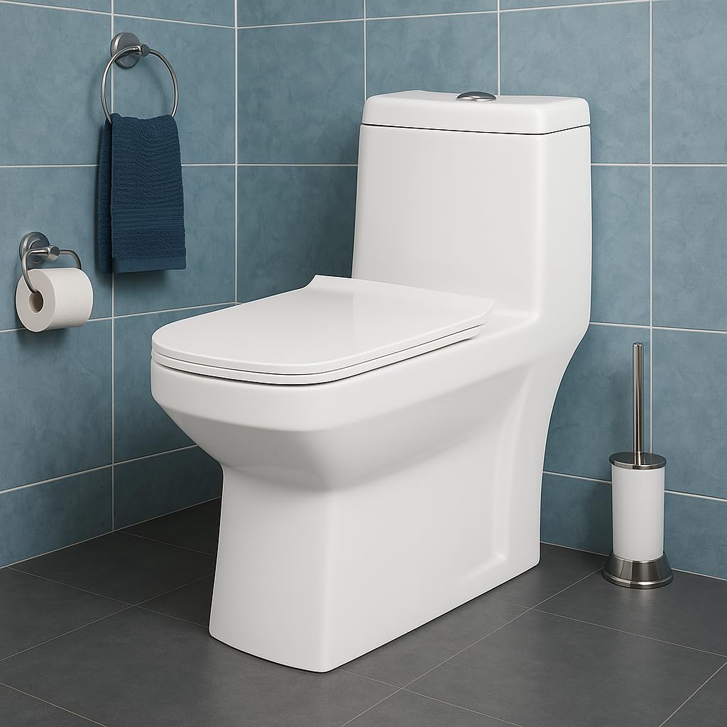 KrissKross Premium One Piece Ceramic Western Floor Mounted One Piece Water Closet Western Toilet/Commode/European Commode With Soft Close Seat Cover For Lavatory, Toilets (S-Trap Outlet Is From Floor)
