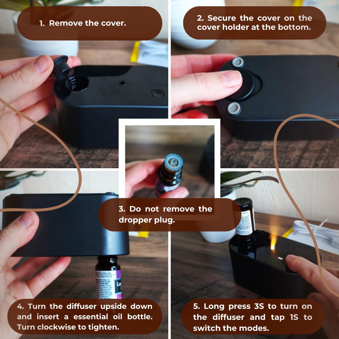 Difusor de aceites esenciales inalámbrico sin agua - Atomizador nebulizador recargable con 3 modos de niebla, difusor de aroma silencioso para viajes, hogar, oficina, habitación pequeña (15-40 m²)