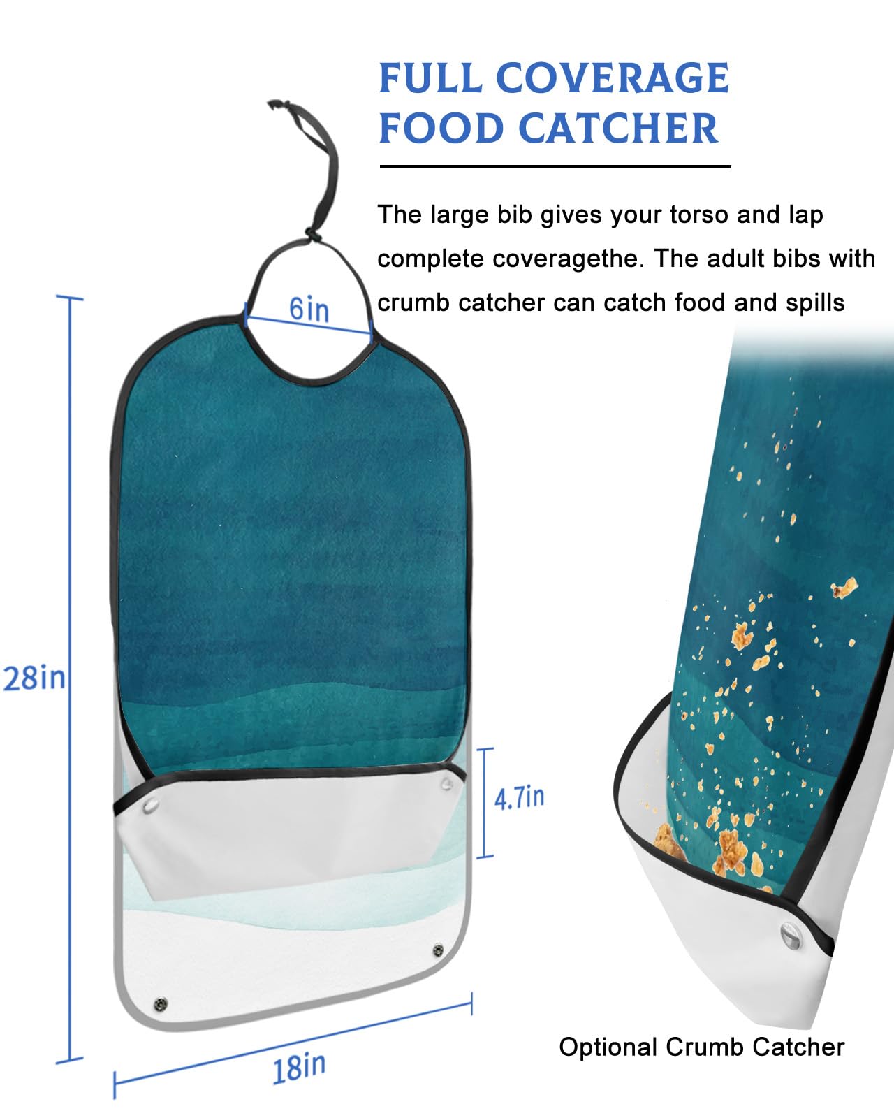 Turquoise Ombre Adult Bibs for Eating, Waterproof Bibs with Food Catcher & Adjustable Snap Closure, Watercolor White Modern Abstract Art Aesthetics Clothing Protectors Adult Bibs for Elderly Women/Men