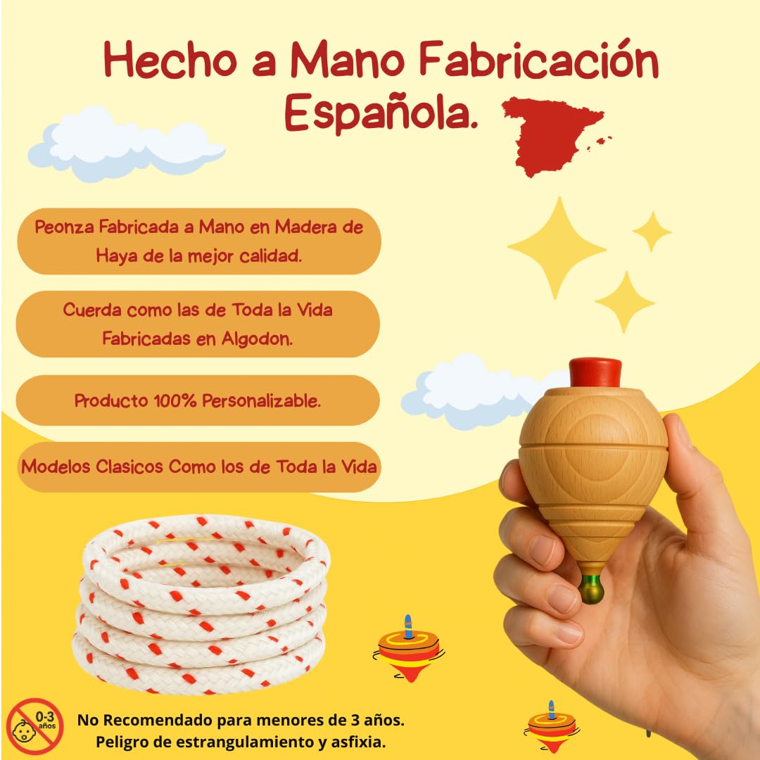 Peonza Madera para Niños Pack 30 Trompos + 30 Cuerdas | Packs de 2-4-6-8-12-16... Unidaes. | Hecho a Mano en España con Punta Redonda.