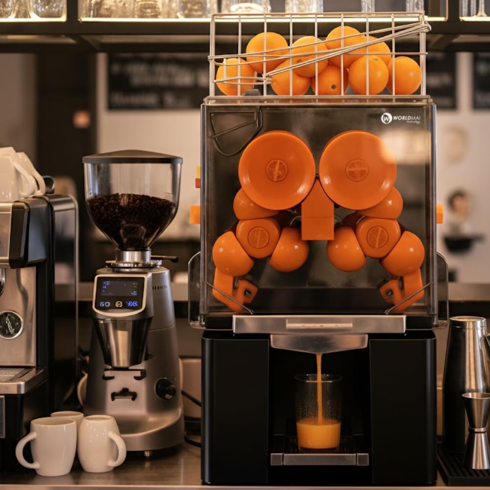 Exprimidor de naranjas automático industrial WORLDMAI para hostelería. Exprimidora profesional de zumos cítricos para bar, cafetería y supermercado.