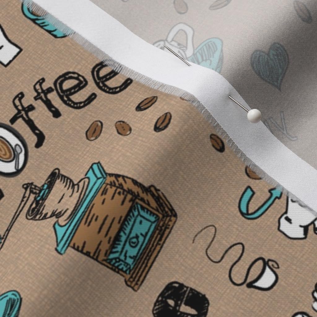Spoonflower Fabric - Coffee Sign Tan Black Turquoise Mugs American Language Brown Latte Printed on Organic Cotton Sateen Fabric by The Yard - Sewing Quilting Apparel Home Decor