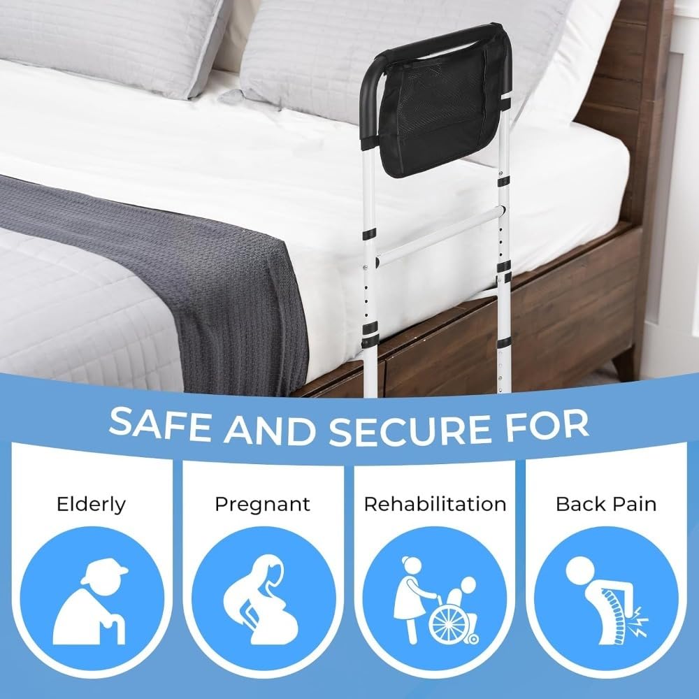 Sponde Letto di Sicurezza per Anziani – Maniglia Letto Regolabile con Borsa Portaoggetti e Tappetino Ventosa, Aiuto per Alzarsi dal Letto per Adulti, Donne Incinte e Persone con Mobilità Ridott
