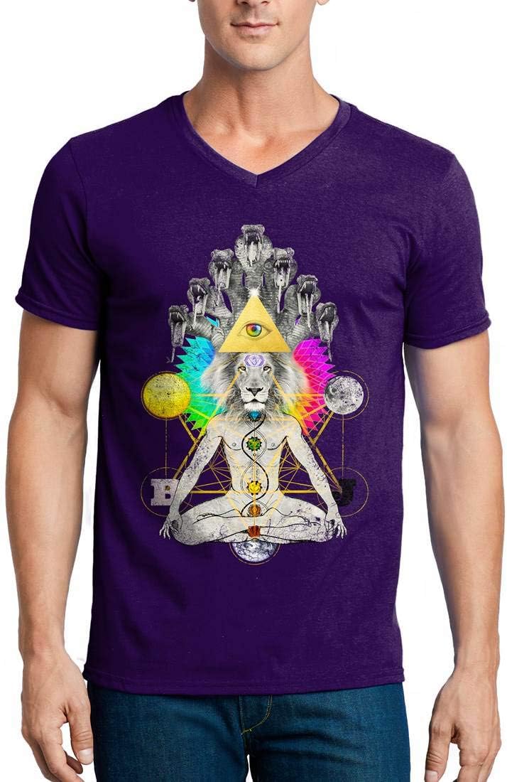 A932MVNTP Mens V-Neck T-Shirt to Soma Heliakon Illuminati Tiger Head Religion God Abstract Triangle Conspiracy Theory