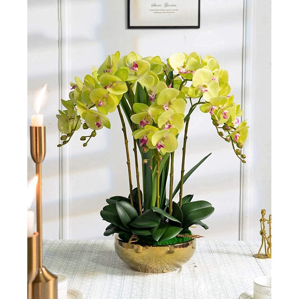Kunstblumen-Set, künstliche Orchideen (Phalaenopsis 8) mit Goldener Vase, Dekoration für Hochzeitszimmer, Schlafzimmer und mehr.