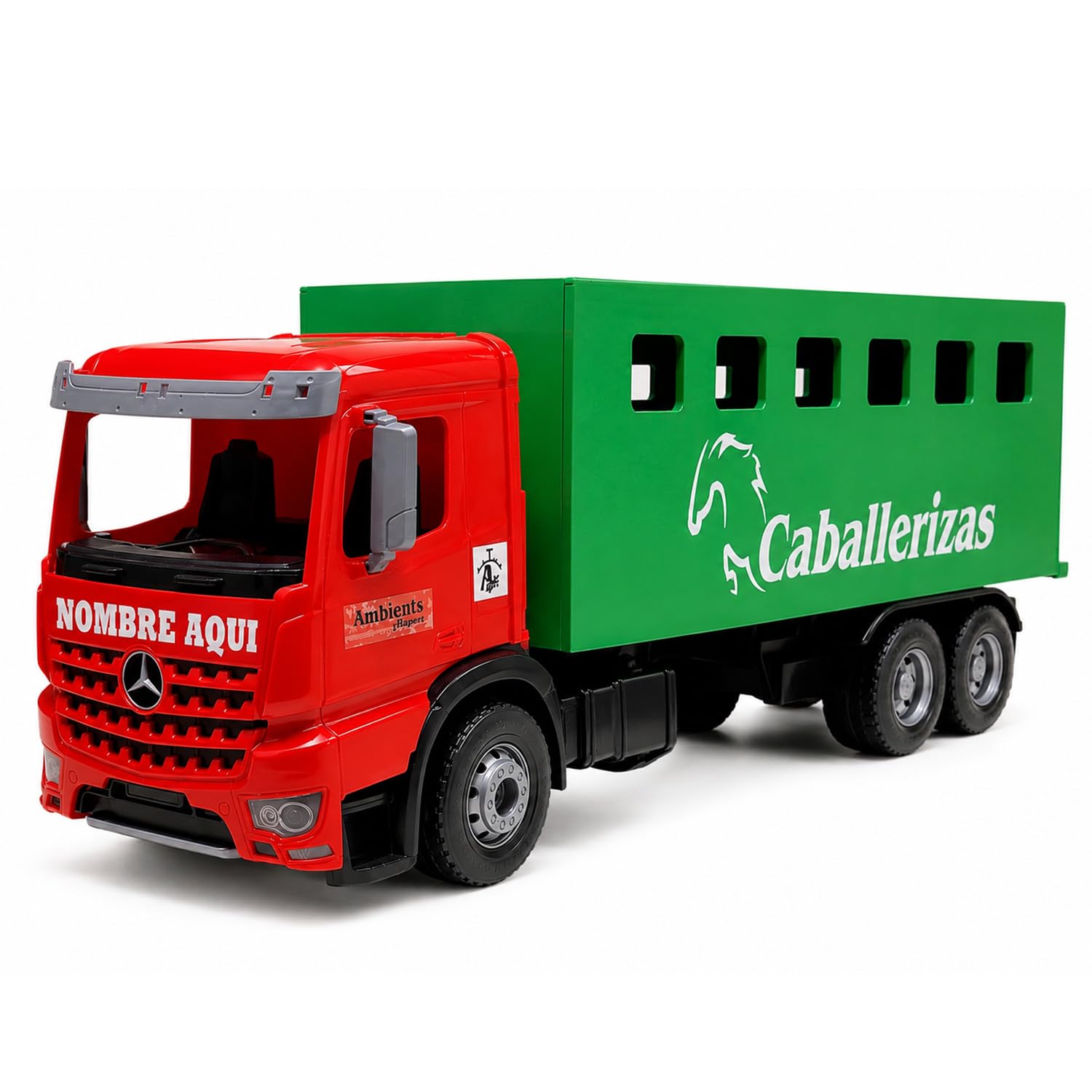 Camión de caballos de juguete XL personalizable en madera MDF, transporte artesanal con cabina de plástico, maqueta 56x18x25 cm para caballos de resina, juego rural y ecuestre infantil completo