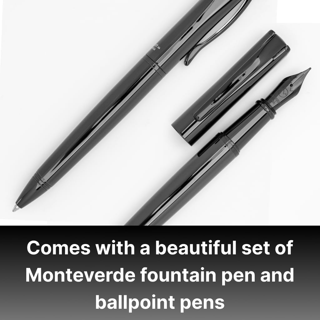 Monteverde USA Impressa Ballpoint + Fountain Gift Set (Black) Fine Nib + Bottled Ink - Premium Pen for Men & Women – Perfect for Office, Business, School, Gifts, Journaling, Autographs