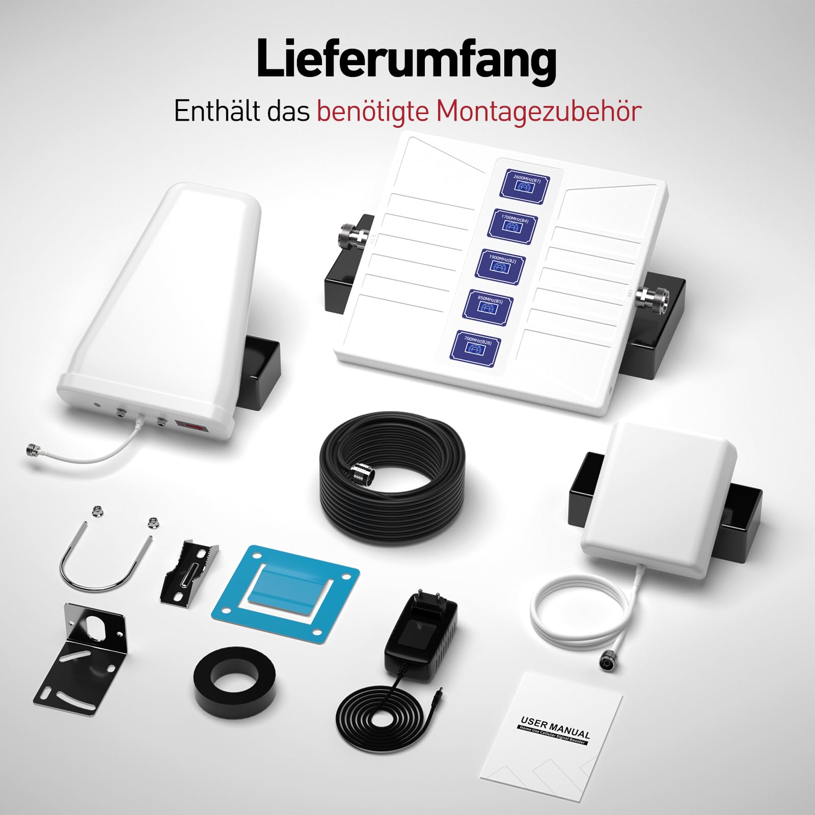 Mobilfunk Verstärker für Haus und Büro, 5G Ready Signalverstärker Handy für alle Netze (Band 28/8/3/1/7), 70dB High Gain Handyempfang Verstärker mit 10dBi Richtantenne & LCD-Display