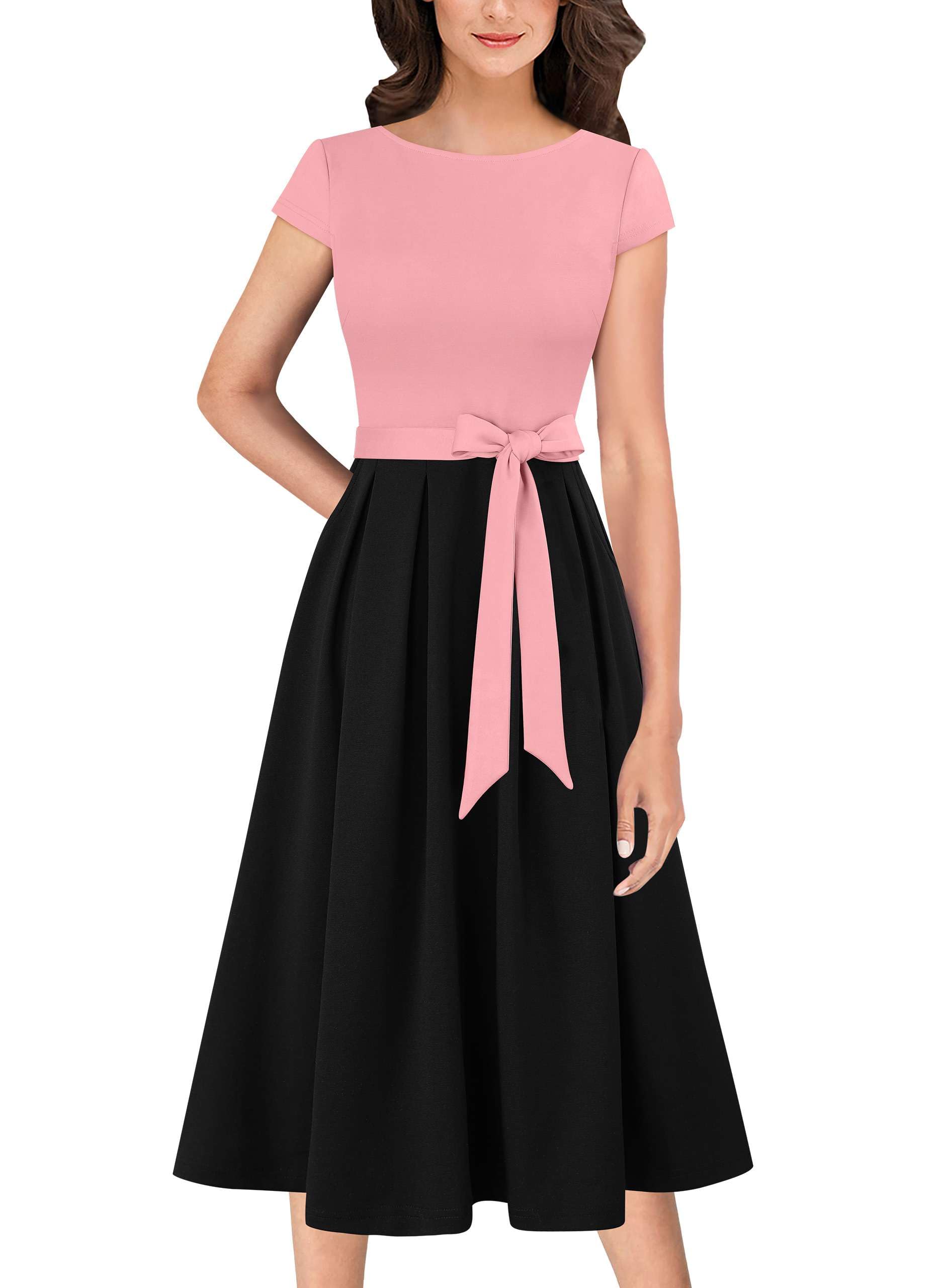 VFSHOW Womens Work Business Casual Church Pockets Belted A-Line Midi Dress