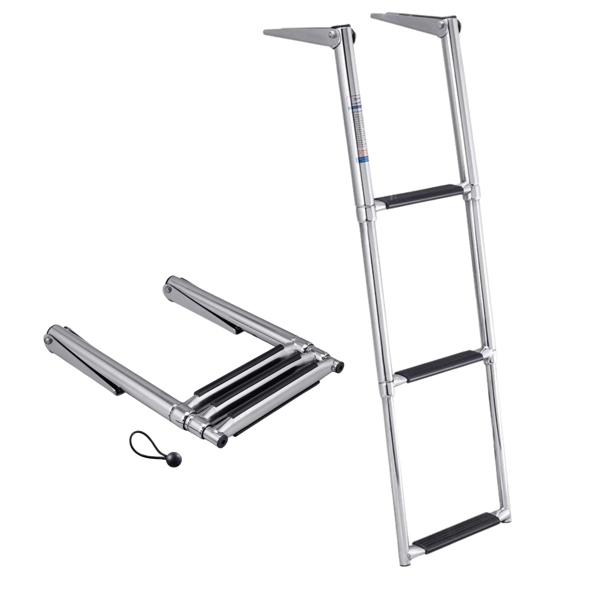 White Water - Telescoping 3-Step Over Platform Drop Ladder - 304 Stainless Steel Heavy Duty Folding Marine Boarding Ladder w/Bungee Strap for Boats, Swim Platforms, Yachts, RVs, Docks - B00301R