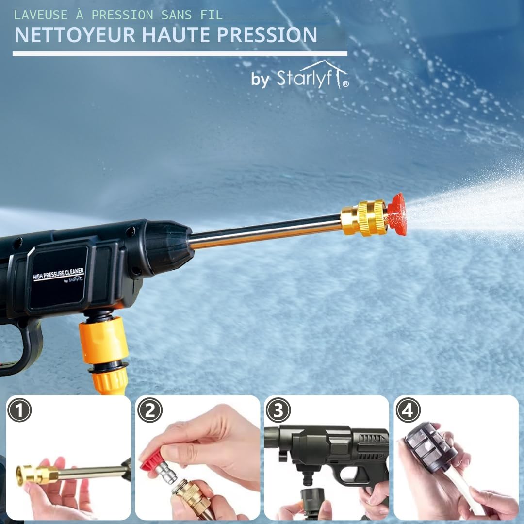 STARLYF Nettoyeur Haute Pression sans Fil Haute Pression, Pistolet Portable à Eau Haute Pression, Pistolet de Lavage de Voiture, connecteur pour Robinet