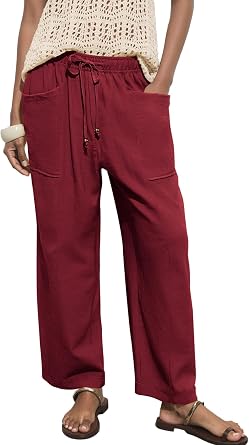 Acelitt Womens Linen Pants Drawstring Elastic Waist Casual Wide Leg Pants Beach Trousers with Pockets