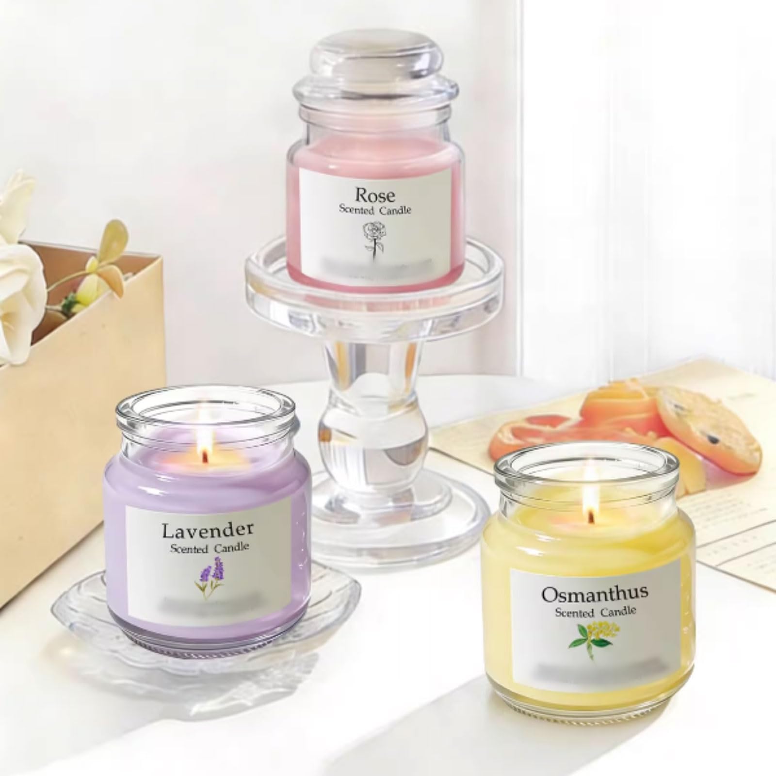 Set di 3 candele in vetro alla lavanda, rosa e osmanto, moderne candele profumate riutilizzabili for la casa, le vacanze, il relax e la spa